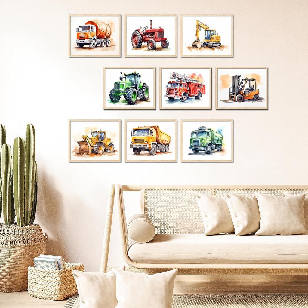 TRAMIN 9 pcs Construction Room Decor For Boys - Toddler Boy Room Decor, Truck Wall Art For Kids Room, Car Pictures Wall Decor For Bedroom Playroom,