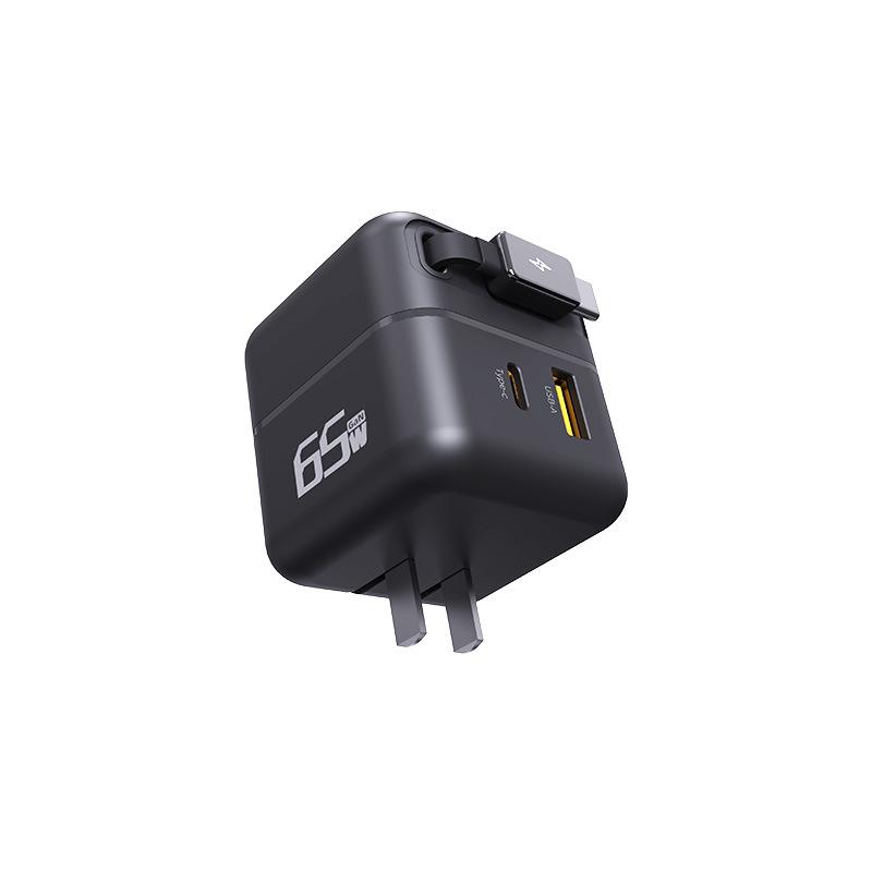 

65W GaN Мобільний зарядний пристрій з висувним кабелем, портами USB та Type-C, сумісний з китайськими та європейськими вилками