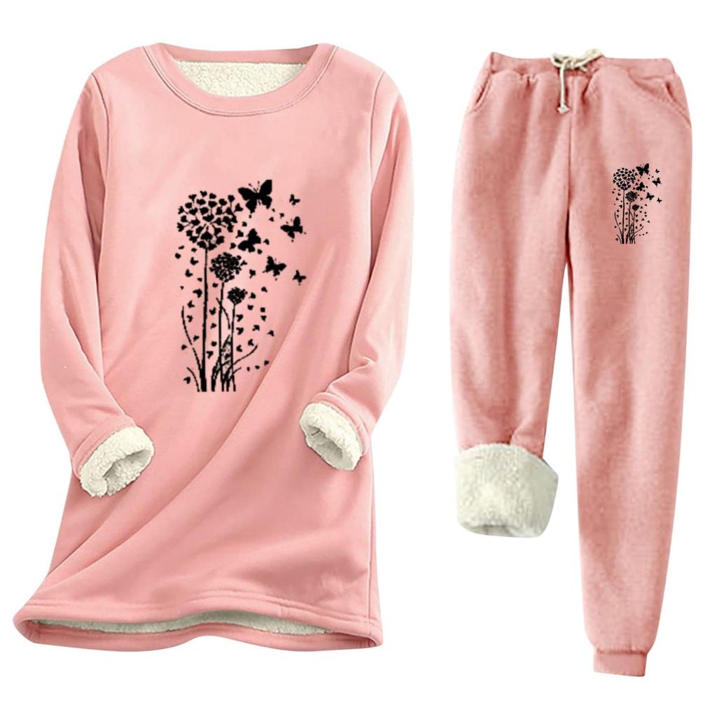 Women's Print Round Neck Warm Suit Long Sleeve Fleece Drawstring Sweatpants Two-Piece Set