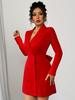 Women's Double-Breasted V-Neck Bow Long Sleeve Short Dress
