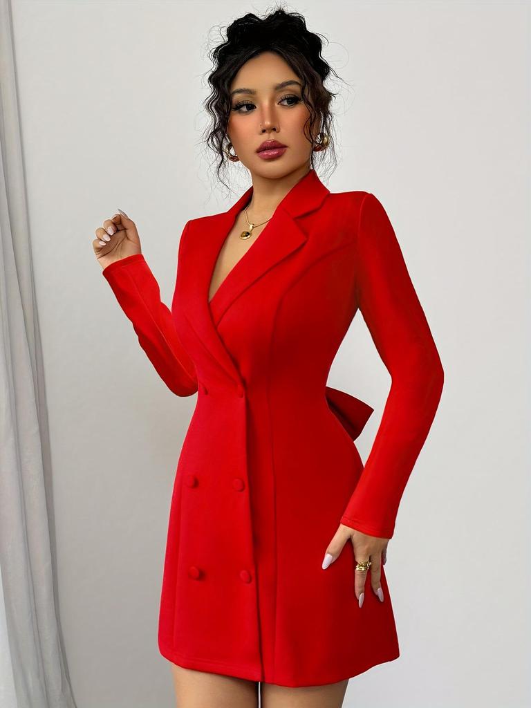 Women's Double-Breasted V-Neck Bow Long Sleeve Short Dress