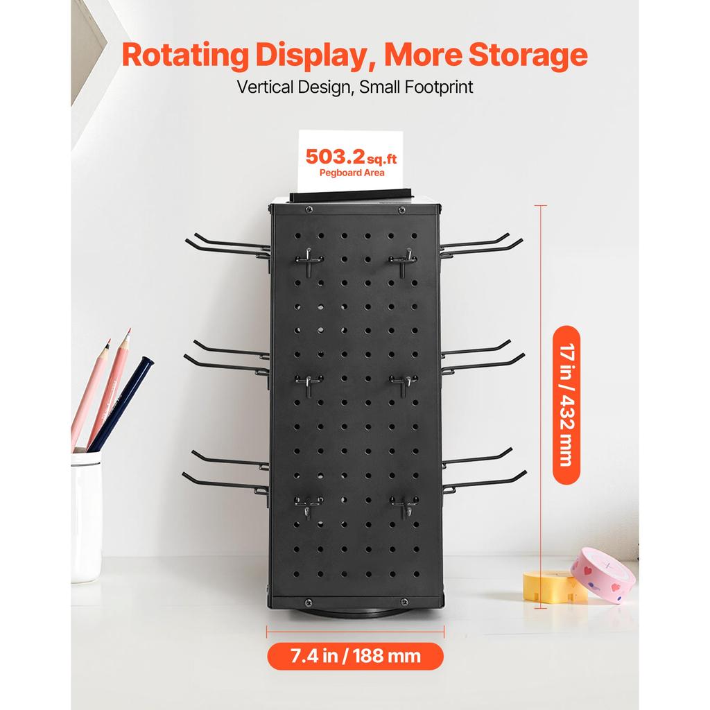 SucceBuy Rotating Pegboard Display Stand 7.4 X 7.4 X 17 In 4-Sided Spinning Peg Board Display with 24 Hooks for Grocery Retail