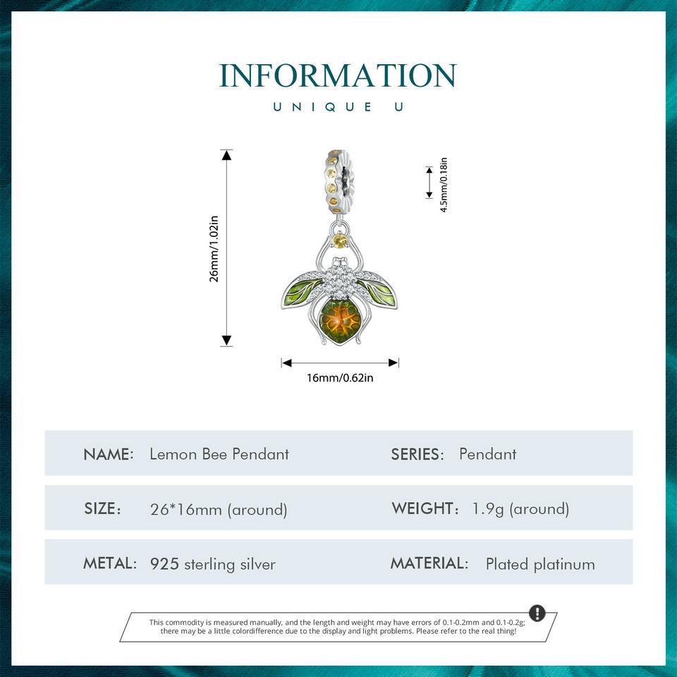 Breloc cu pandantiv cu lămâie albină BAMOER din argint 925, mărgele de insecte pentru femei, brățară și brățară originale, bijuterii fine