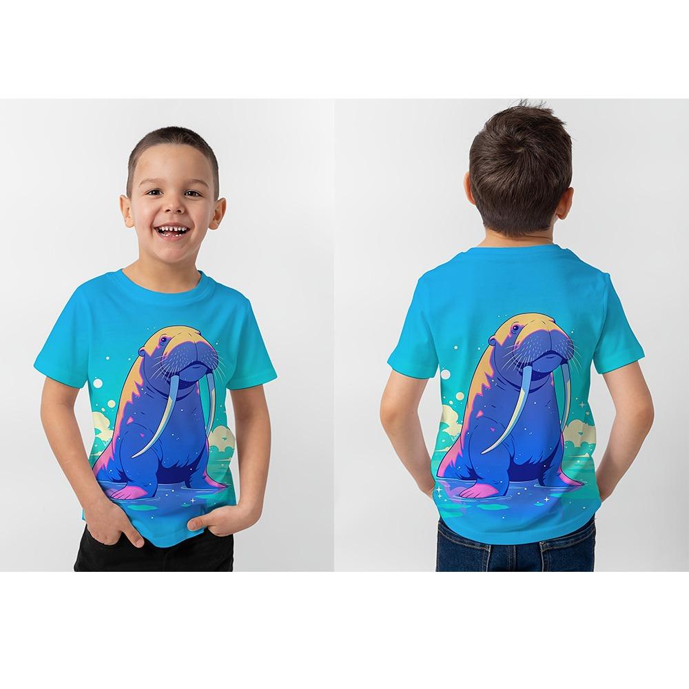 New Boys' 3D Digital Print T-Shirt, Wave/Shark/Sea Lion Design, Short-Sleeve Breathable, Perfect for Outdoor Activities Hot Sale