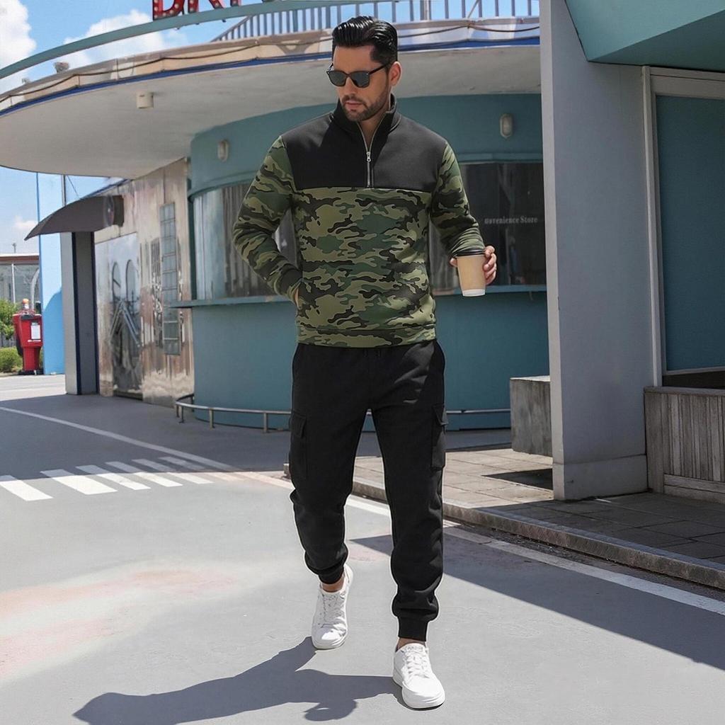 Men's Half Zip Hoodie and Cargo Pants 2 Piece Outfit Lined Casual Athletic Set
