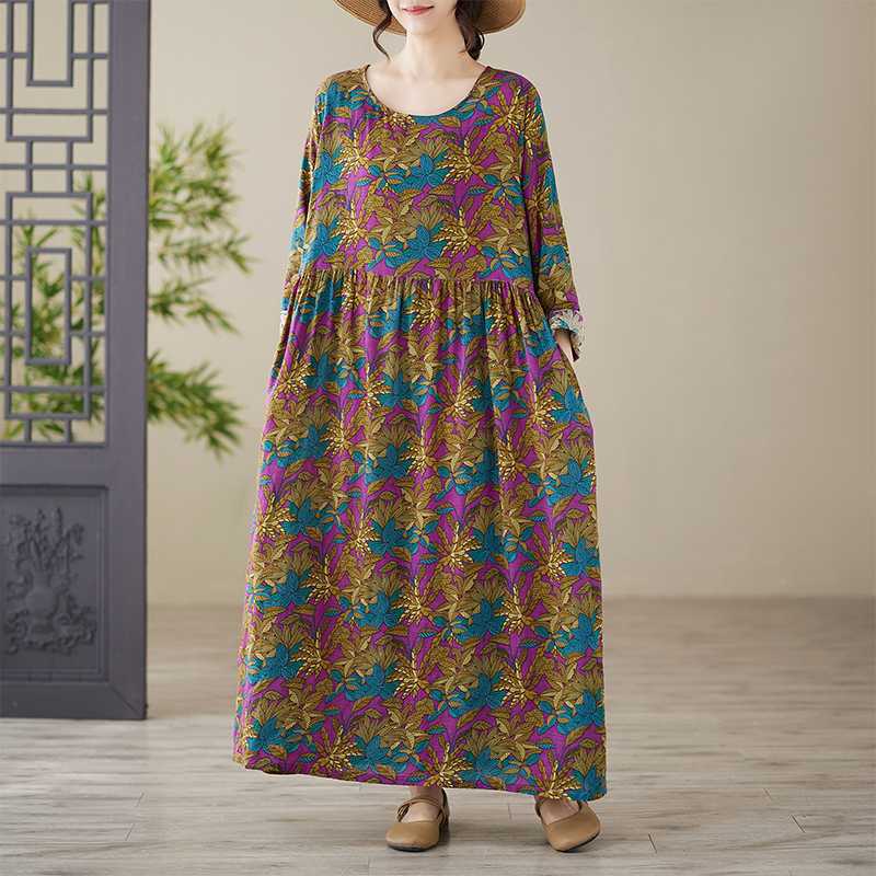 

Принтованные Свободные Тонкие Большого Размера С Длинным Рукавом Платья Миди для Мамы Среднего и Пожилого Возраста XL розы красного