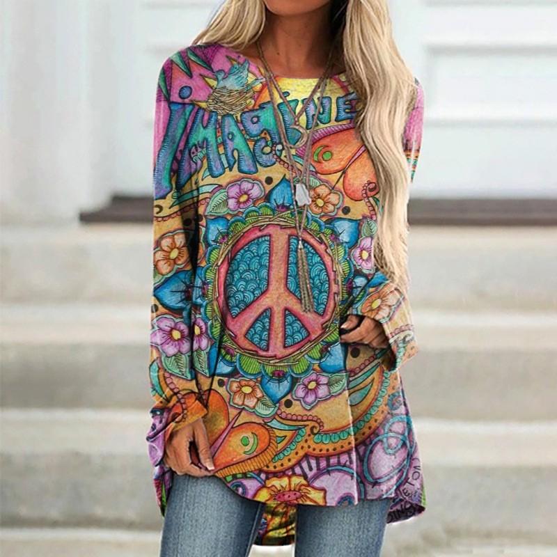 Round Neck 3D Printed Top Fashionable Casual Retro Long Sleeved Women's T-shirts