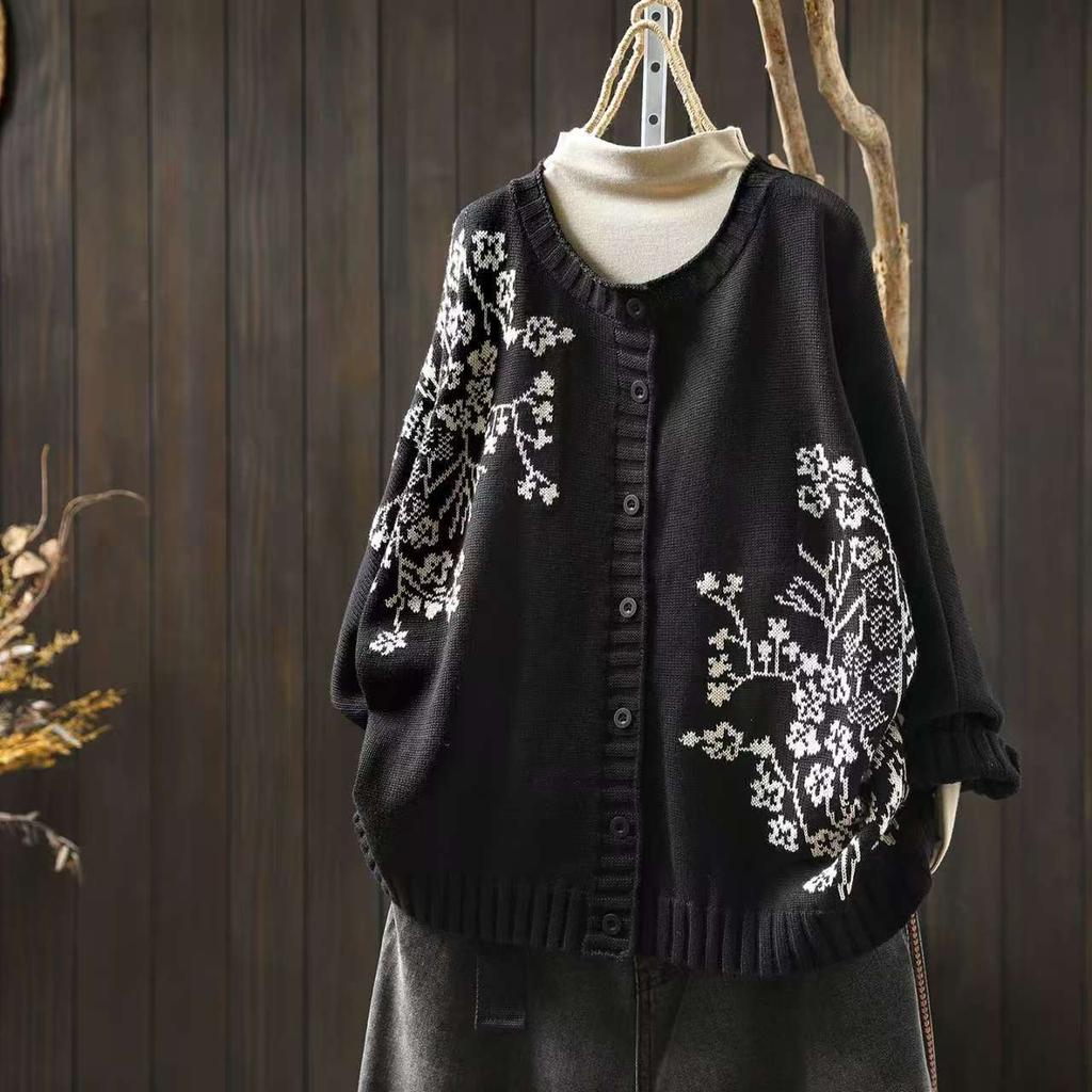 Johnature Vintage-Strickpullover für Damen mit Blumenmuster, Knöpfen, Rundhalsausschnitt und langen Ärmeln, Herbst-Freizeitpullover für Damen