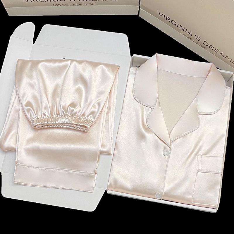 

2024 Весна/Осень Женская Пижамная Одежда С Длинными Рукавами Из Шелка Ледяного - Однотонная Повседневная Одежда Для Дома XL