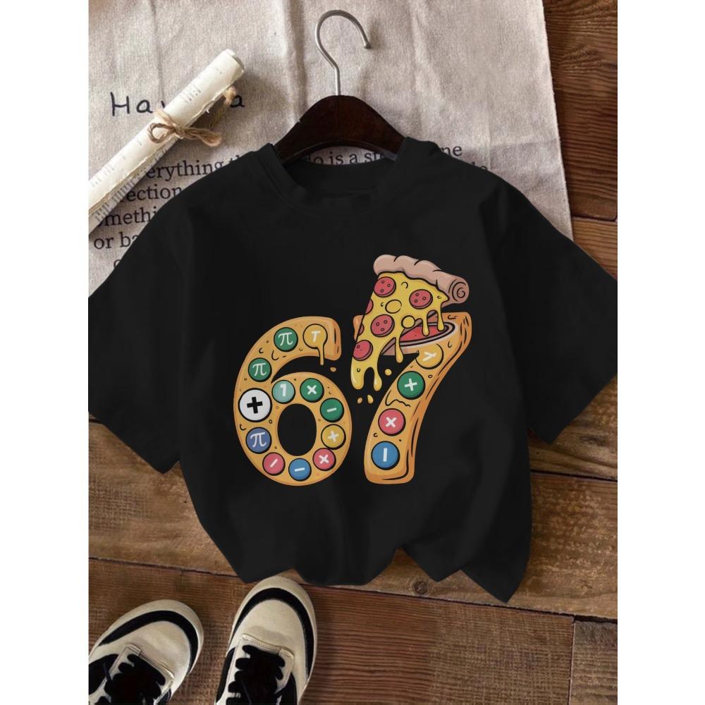 Summer Pi Pizza Cute Bow 67 Six Seven Print Kids Short Sleeved Shirt Polyester Casual Children's T-shirt Girls Fashion Clothes Tees