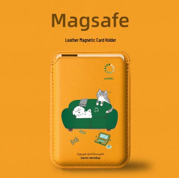 MagSafe Leather Card Holder with Cat Design for Apple Phone Cases