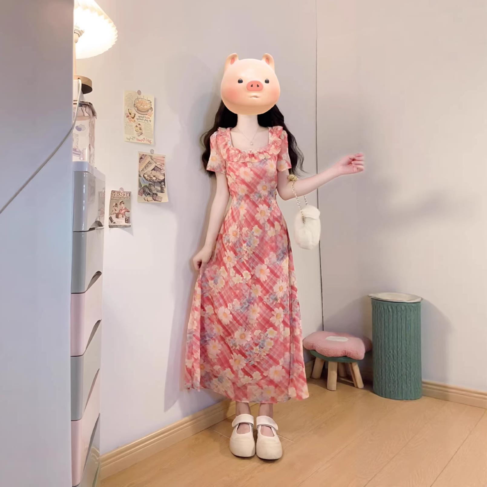Women s French Floral Square Neck Short-Sleeve Long Dress - Elegant Summer 2026 Resort Tea Break Style L