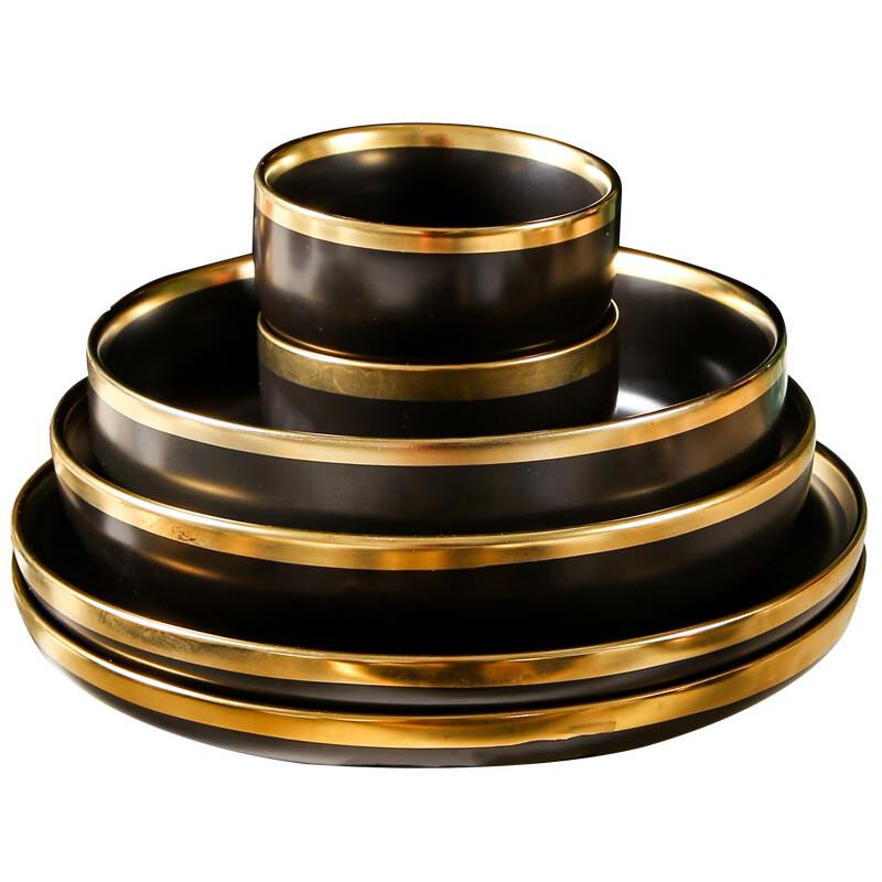 Matte Black Ceramic Deep Plate with Gold Rim