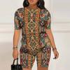 Women Plus Size Green Printed Round Neck Short Sleeve Top Fitted Shorts Two Piece Set