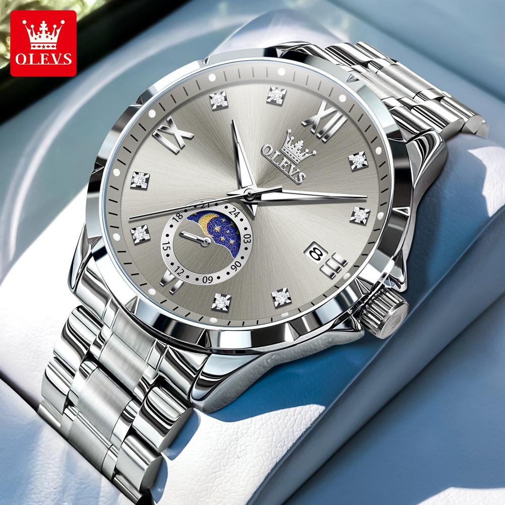 

OLEVS Original Quartz Watch Moon Phase Man Watch Solid Stainless Steel Calendar Waterproof Watch 45mm Dial Men s Wristwatch серый