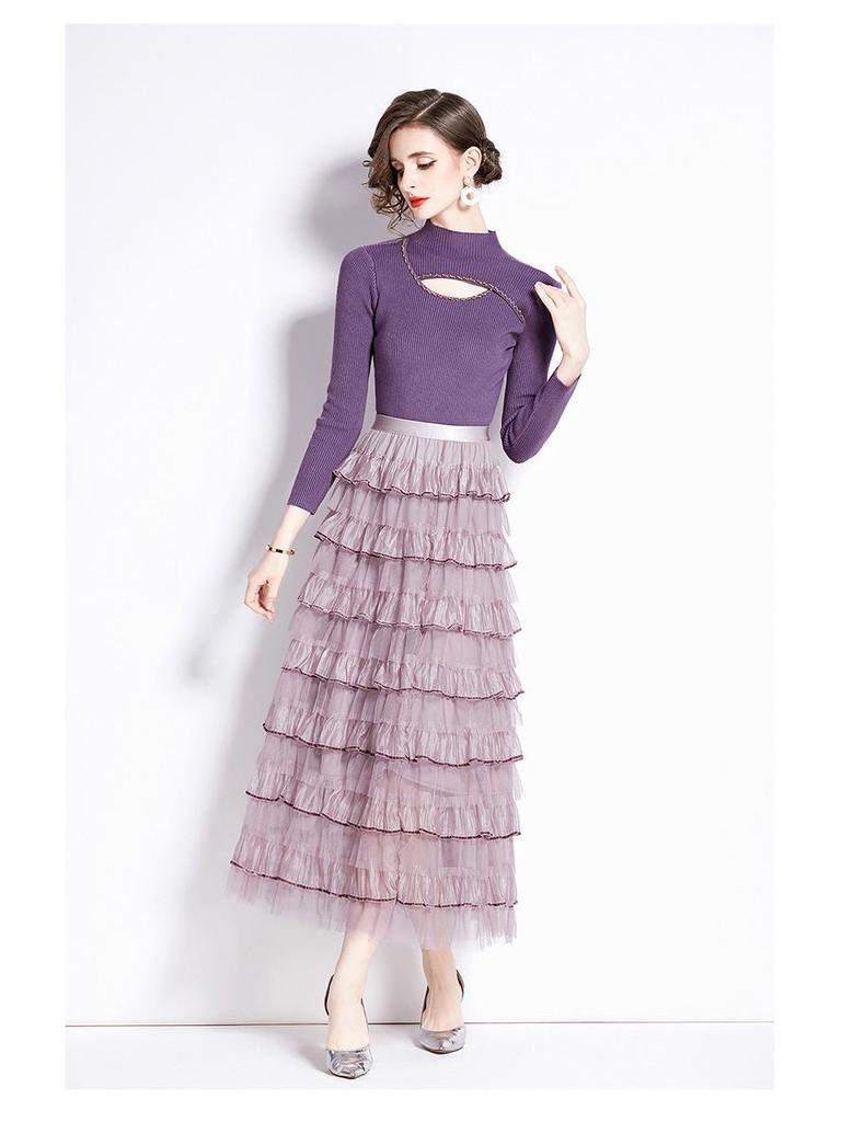 Women's Long-Sleeve Knitted Patchwork Dress Set