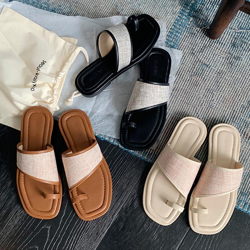 Zapatillas de Cuero Frescas con Tapa Plana en la Punta, Estilo Madre de Uva, de Una Sola Tira, para Mujer, para Vacaciones en la Playa en Verano
