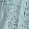ZANZEA Women Casual Round Neck 3/4 Sleeve Loose Embroidery Print Blouse
