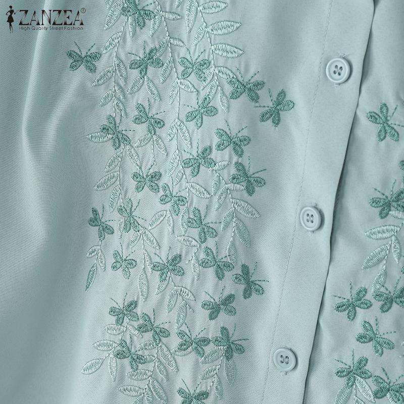 ZANZEA Women Casual Round Neck 3/4 Sleeve Loose Embroidery Print Blouse