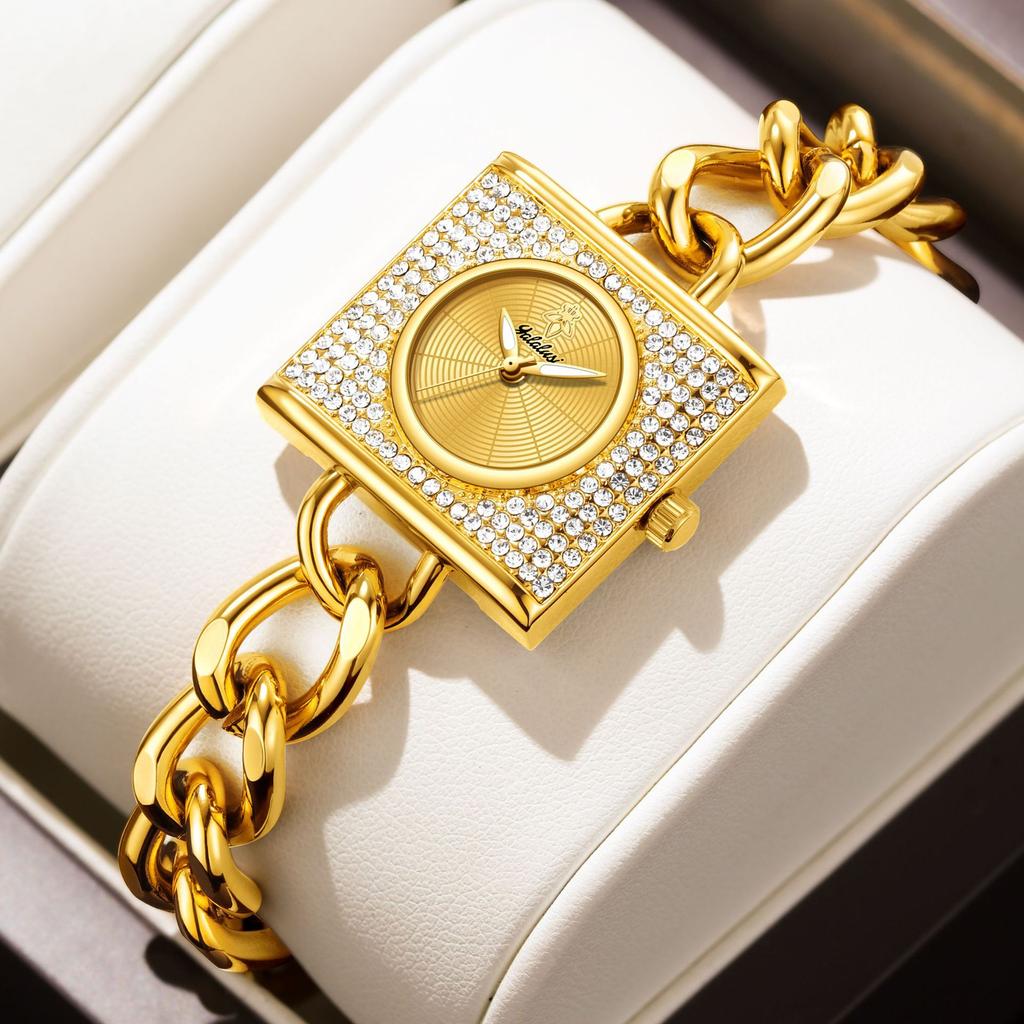 Yalalusi Luxury Full Diamond Square Disc Women'S Watch Chain Strap Women'S Watch Fashion Temperament Waterproof Quartz Watch