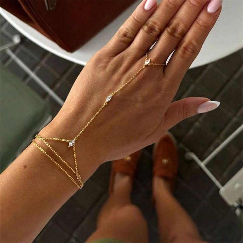 Multi-layered Thin Chain Finger Bracelets for Women Delicate Shiny Rhinestones Ring Bracelets Wedding Party Jewelry