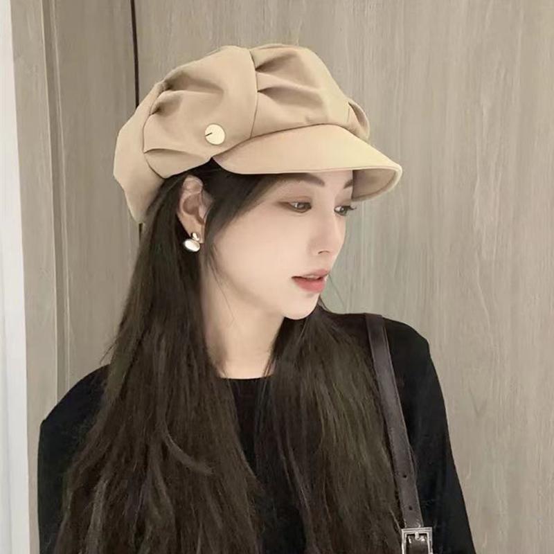 

Корейские облачные береты, модная плиссированная восьмиугольная кепка, винтажная однотонная кепка с козырьком для женщин, газетчиков, художников, шляпа художника хаки
