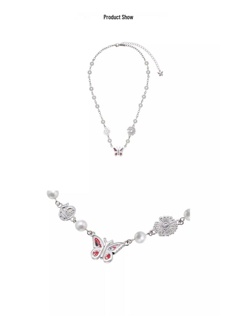 Trendy Unisex Butterfly Pearl Necklace - Hip Hop, Light Luxury, European & American Style