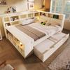 Opbergbed 140x200 Wit, Houten Bed met Uitschuifbed, 8 Vakken & USB/Type-C Poorten – Ruimtebesparend Dubbel- en Jeugdbed, zonder Matras