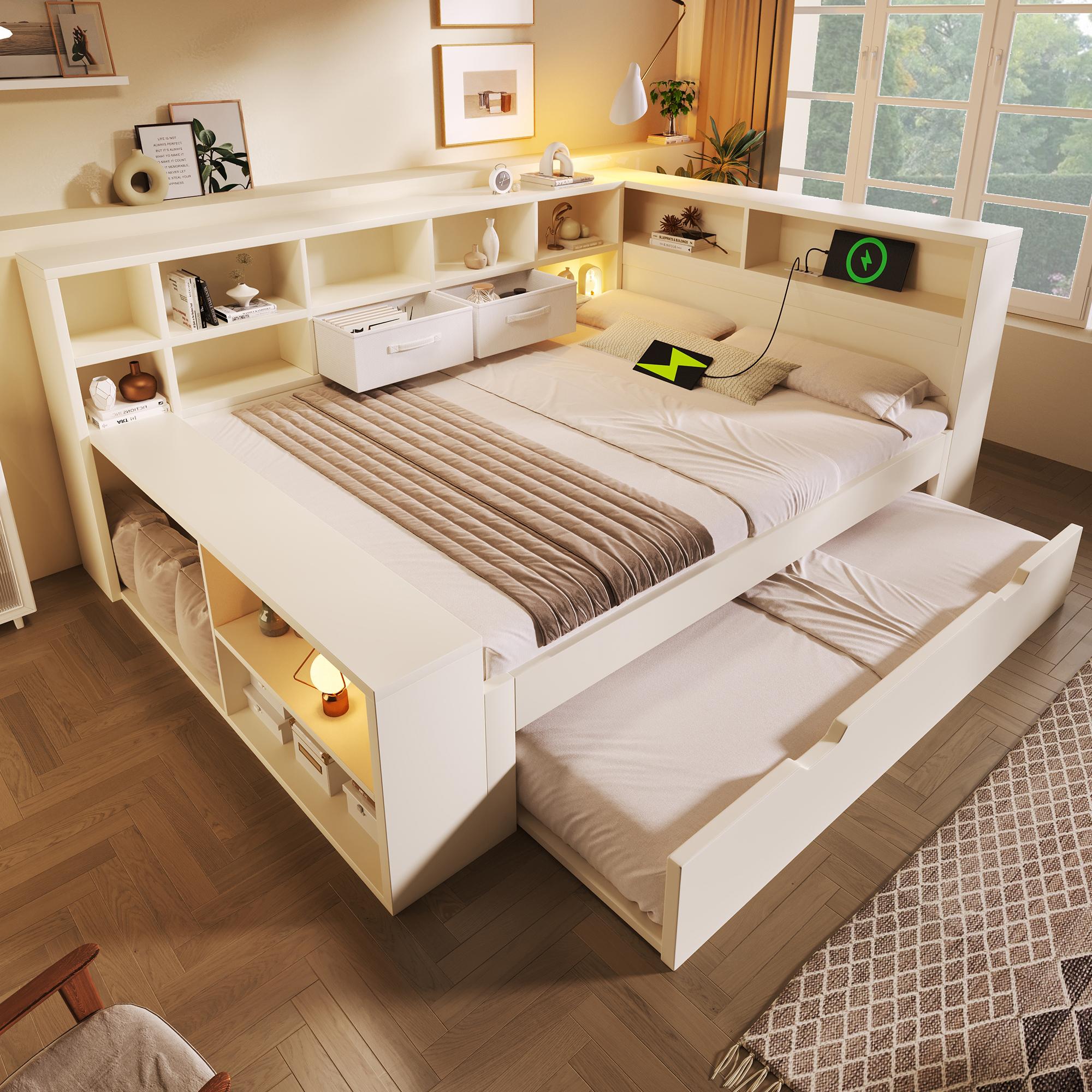 Storage Bed 140x190 in White, Wooden
