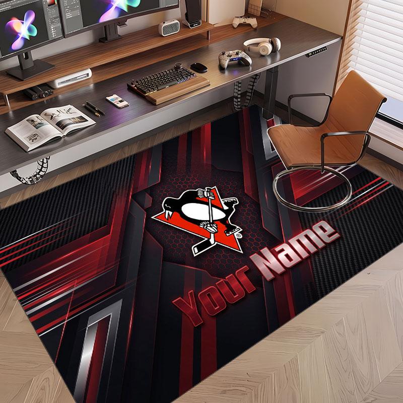 Custom Rug Pittsburgh Penguins Pattern Print Name Text Soft Non‑Slip Floor Carpet for Home Indoor Decoration