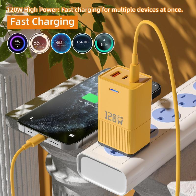120W GaN Wall Charger Fast Charging Multi Port 2 PD 1 USB Adapter Portable for Travel Home Office Use