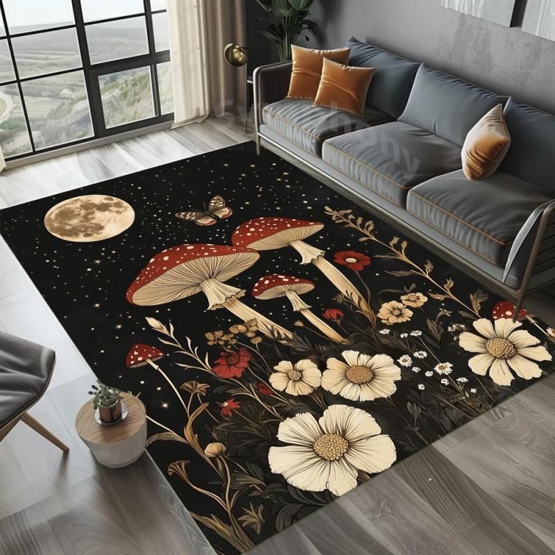 Dark Retro Cottagecore Mushroom Plant Area Rug Non Slip Floor Mat for Living Room Bedroom Whimsical Forest Home Decor