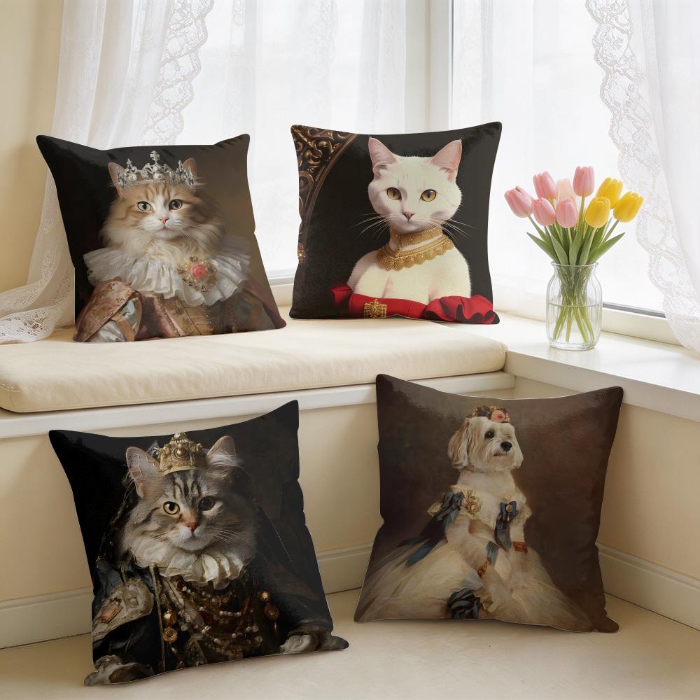 Renaissance Royal Cat Cushion Cover Square Short Plush Pillow Case Living Room Sofa Home Decor Funda X