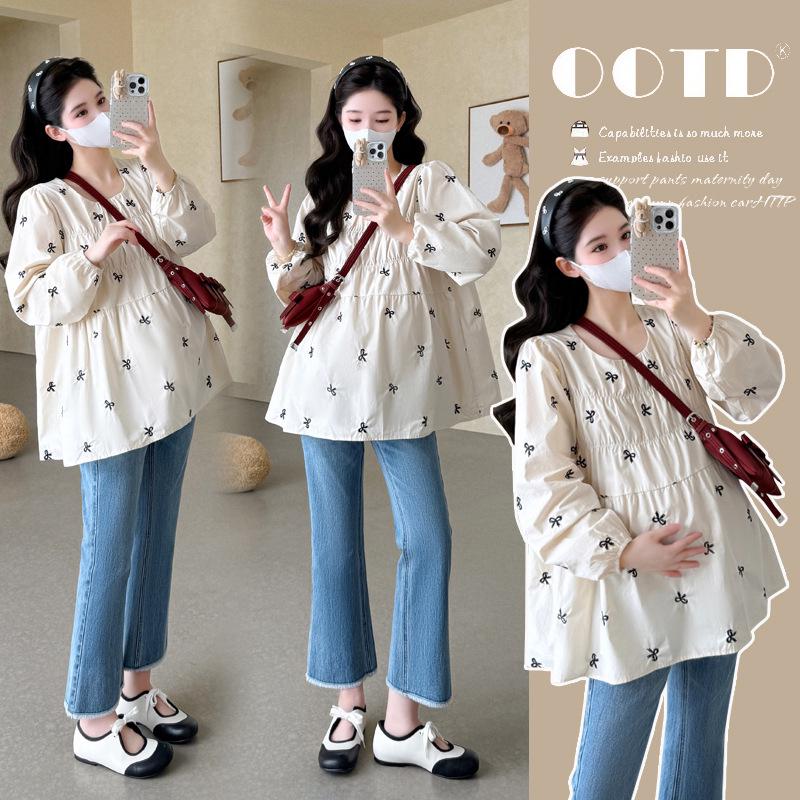 Spring 2026 Korean Maternity Bow Embroidery Doll Shirt 2XL