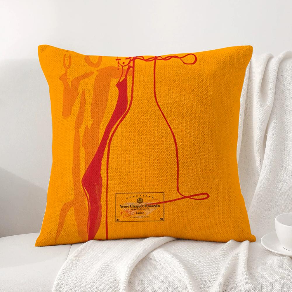 Luxe V-Veuve C-Clicquot Kussenhoes Natuurlijk Linnen Biologische Stof Dubbelzijdige Bedrukking Bank Huisdecoratie Cadeau Kussenhoes Short plush 18*18(CM)-1Pcs