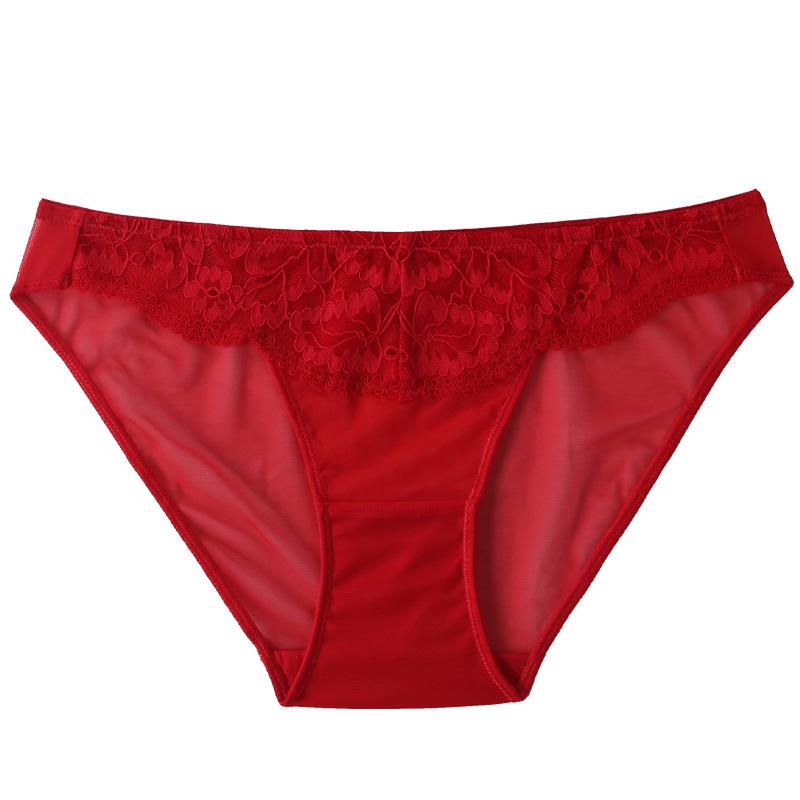 

Women s French Lace Cotton Embroidered Mesh Bikini Briefs L червоний