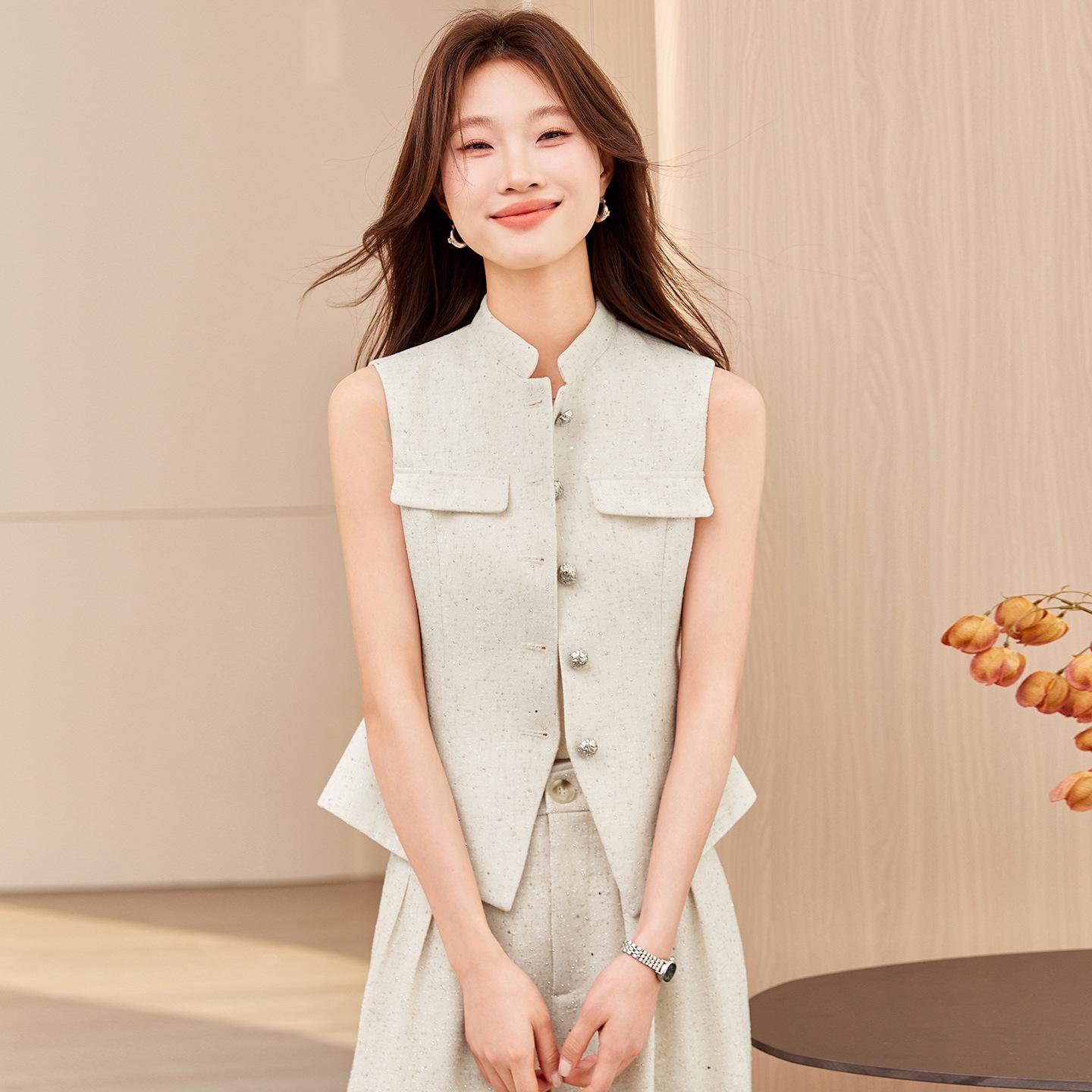 

2026 Women s Sequin Stand Collar Sleeveless Suit Vest Set - New Fashion Slim Two-piece S
