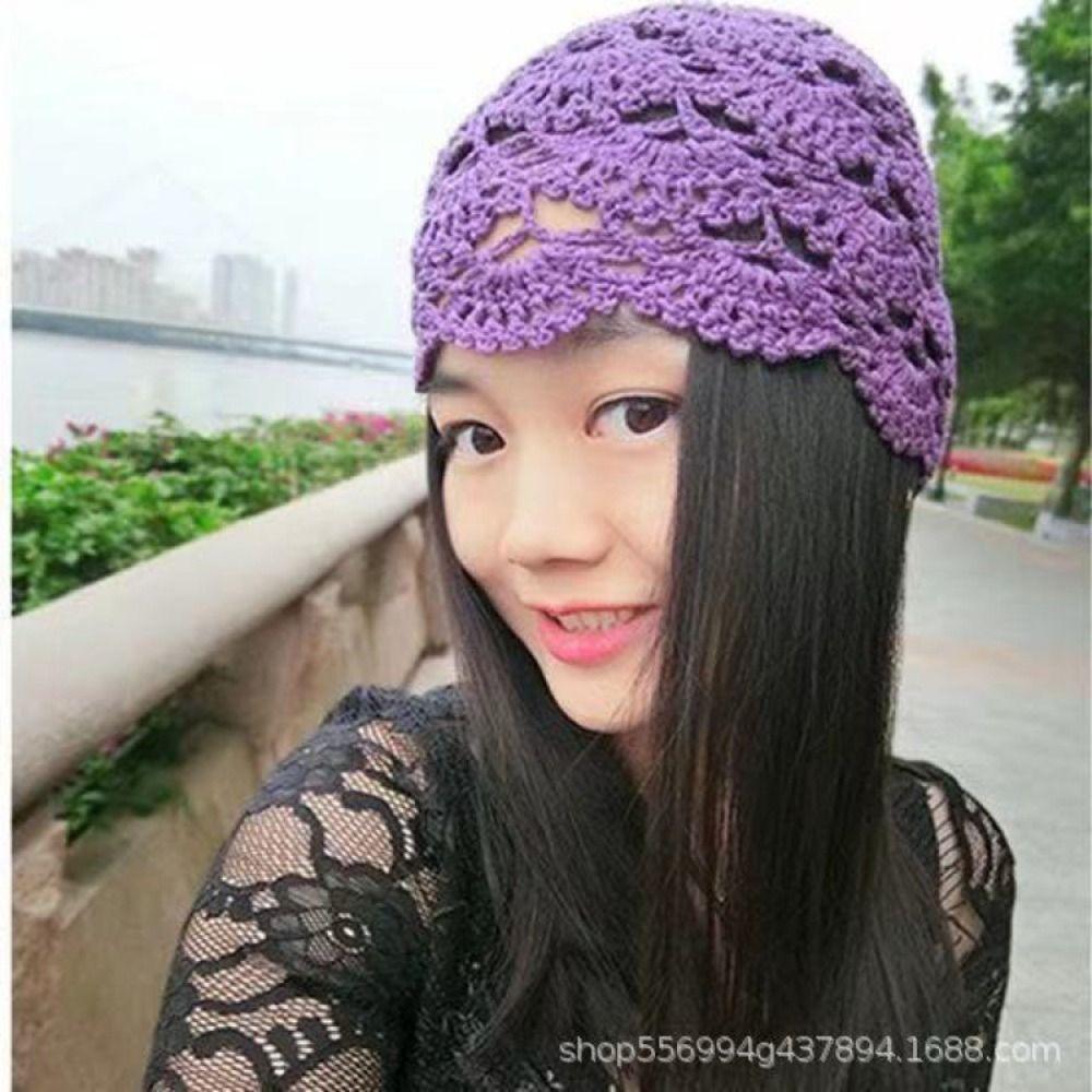 Retro Handmade Flower Crochet Hat Casual Melon Leather Mesh Cap Hand-crocheted Pullover Hat Female