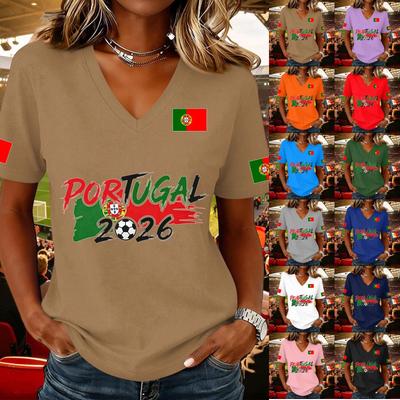 Women's Casual V Neck Short Sleeve Pullover Top with Soccer Flag Print Portugal 2026 Support Shirt for Fans and Sports Events