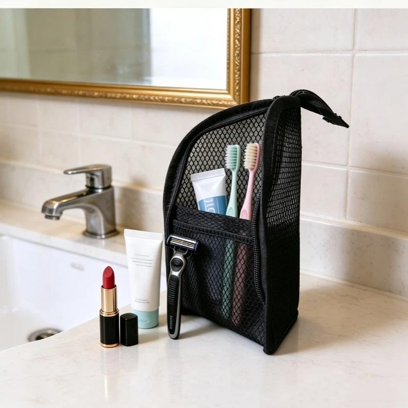 Portable Foldable Mesh Toiletry Bag Transparent Waterproof Lightweight Pouch for Family Travel Toiletries Storage