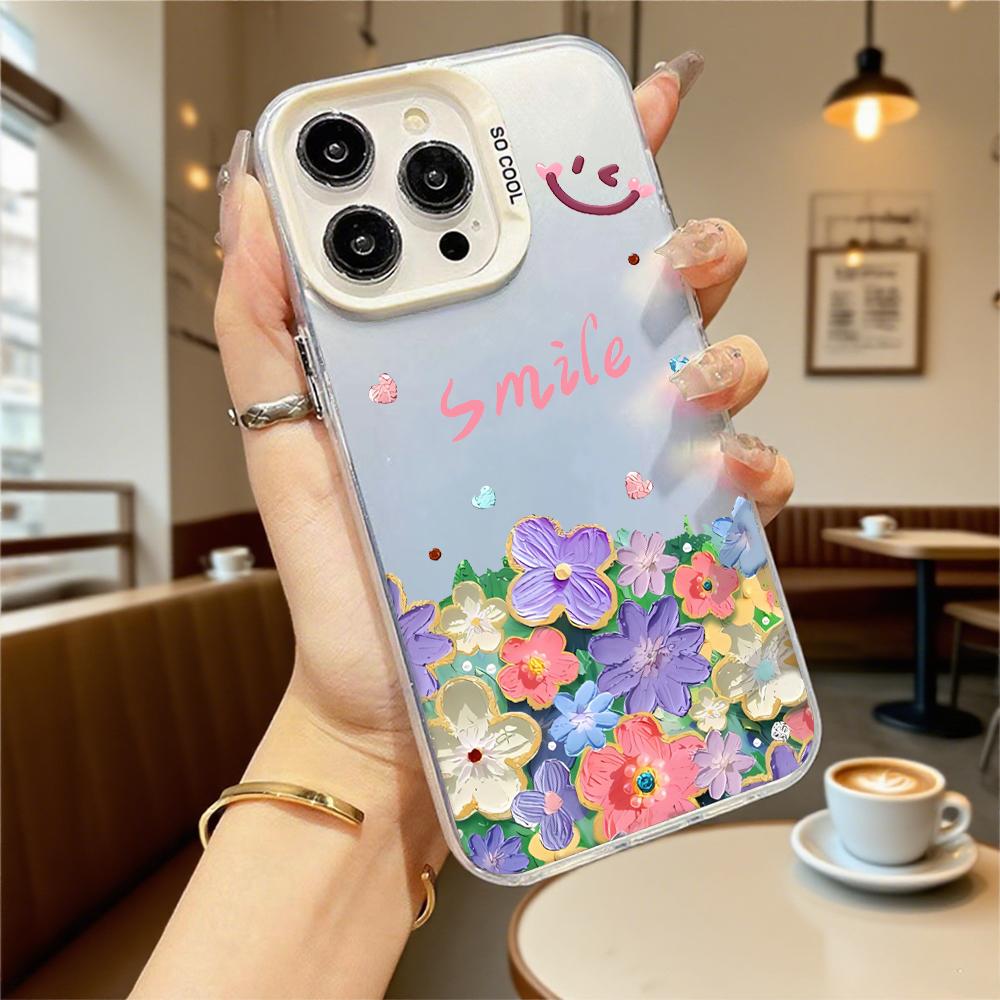 Smile with Colorful Flowers Hard Phone Case for Iphone 16 15 14 13 12 11 Pro Max Mini Shockproof Anti-Scratch Protective Cover