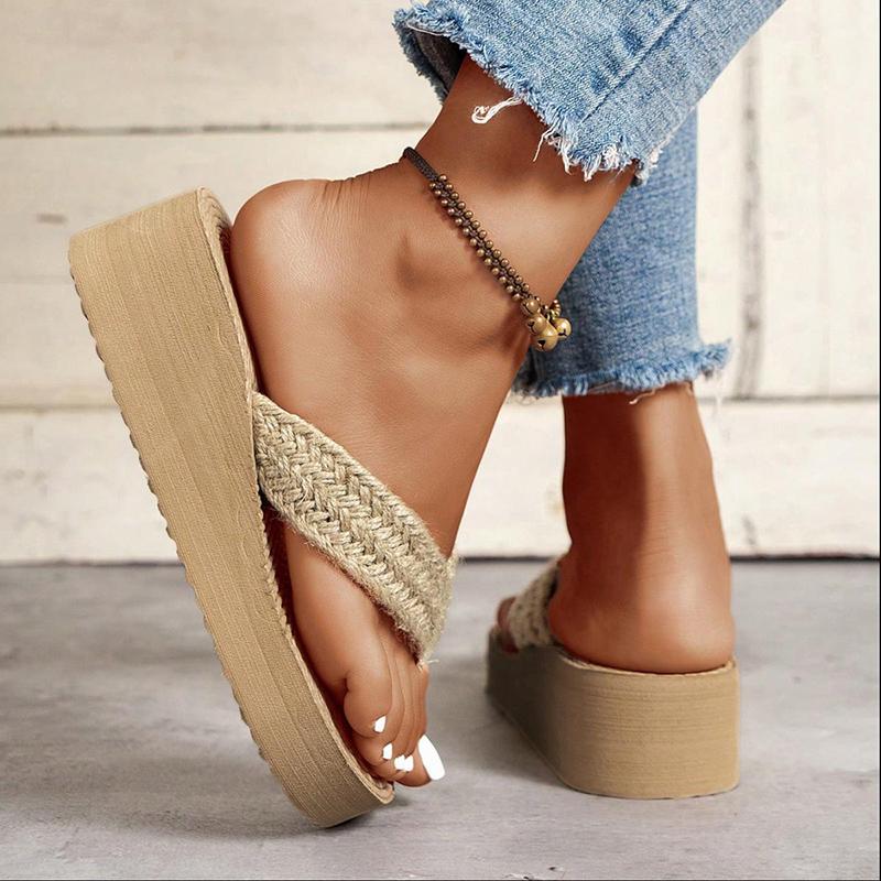 Fashion Straw Rope Weave Wedge Flip Flops Women Lightweight Thick Bottom Beach Slippers Woman 2025 Summer Clip Toe Platform Sandals