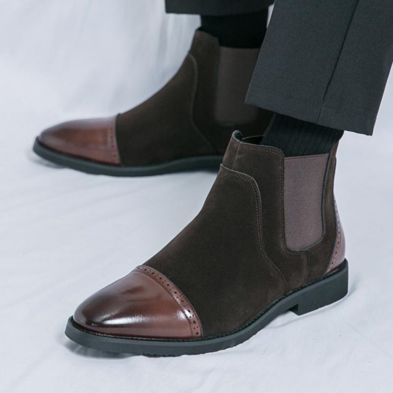 Fashion Winter New Men's Pointed Mixed Patchwork Slip On Ankle Boots British Designer Botas Trend Casual High-tops Shoes Zapatos Hombre