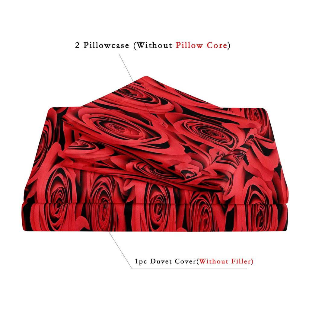 3pcs Valentine'S Day Rose Sea Comforter Cover Set - Vibrant Red Roses Pattern Bedding with Zipper Closure Valentine's Day Gift