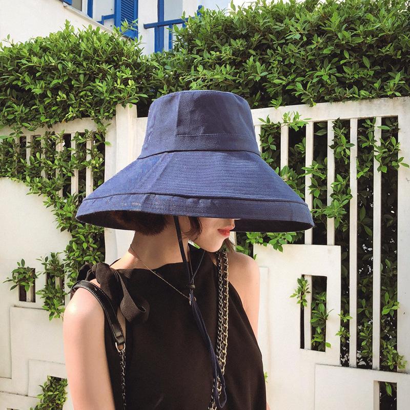 Japanese style hat women's large brim fisherman hat pure color anti-uv hiking sun hat neck protection windproof sun protection