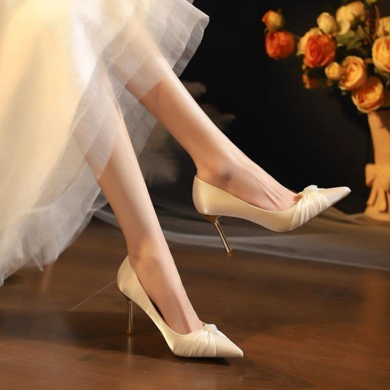 Bow Pointed Toe High Heels Wedding Shoes Women's Stiletto Slip Temperament Versatile Shoes