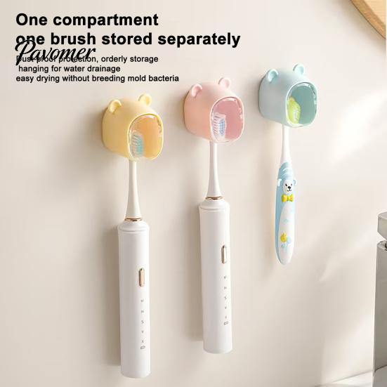 Waterproof Brush Holder Cute Bear Wall Mounted Toothbrush with Dustproof Flip Cover, Single Bathroom Decor Dispenser Storage Organizer, Drill-free