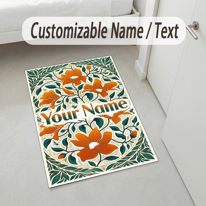 Floral Art Nouveau Theme Soft Crystal Velvet Rug Custom Name & Text Print Non Slip Floor Rug for Bedroom Living Room