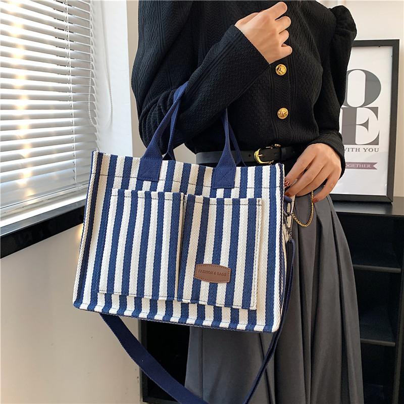 Cool Street Handbag, Large Capacity Women's Shoulder Bag, Trendy Striped Canvas Crossbody Bag, Fashion Travel Shopping Tote Bag