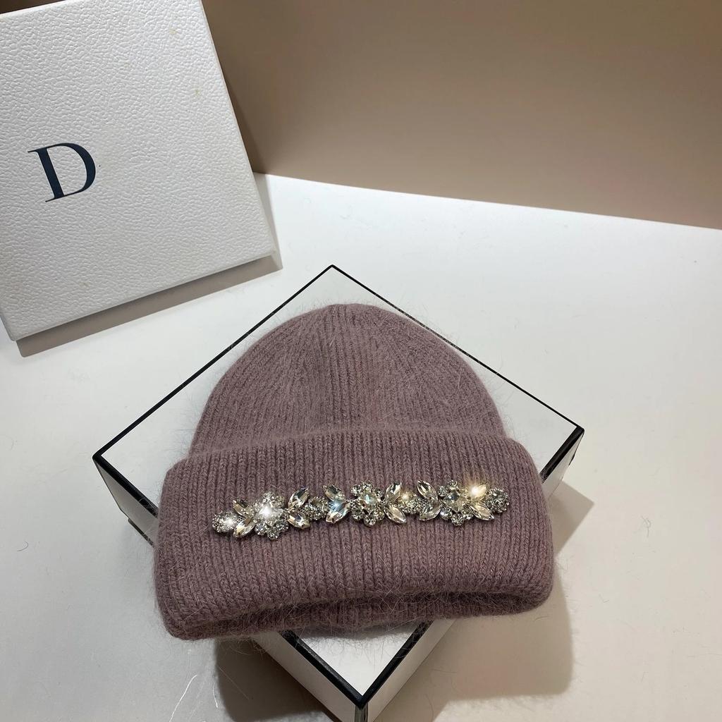 2024Mode Damen Wintermütze Echtes Kaninchenfell Gestrickte Mützen Diamanten Blume Damen Freizeit Hüte Warme Wolle Skullies Beanies